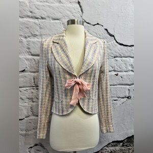 Vintage Y2K Cottagecore Crochet Sweater Blazer with Bow Closure Pastel Pink Blue